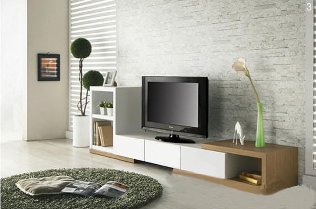 Kệ tivi veneer sồi kết hợp sơn bệt phòng khách hiện đại.